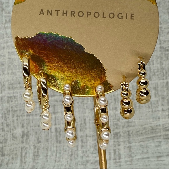 Anthropologie Jewelry - NWT Anthropologie 14k Gold Plated Mini Pearl Hoop Earring, Set of 3